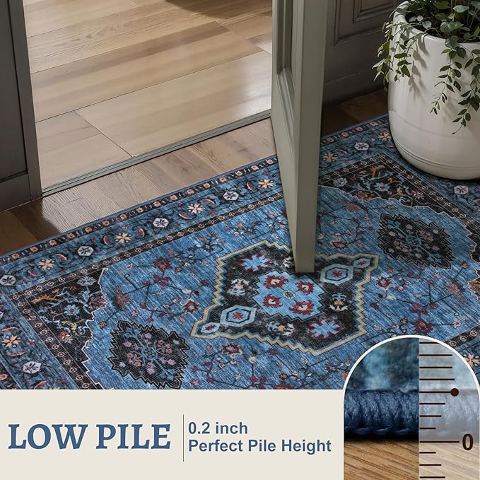 Tangsoo Blue 2x3 Washable Rugs for Entryway Oriental Non Slip Small Area Rug, Vintage Indoor Front Door Rug, Print Door Mat Indoor Entrance Soft Low Pile Throw Rug for Entry Kitchen Bedroom Blue/Black