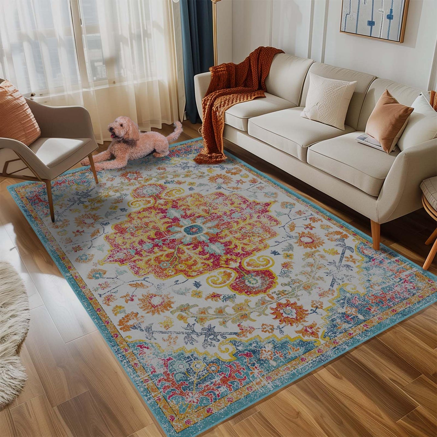 LOOMY Living Room Rug 5x7 Rug Machine Washable Boho Area Rug Non Slip Floral Vintage Low Pile Large Rugs for Living Room, Bedroom, Farmhouse, Dining Room, Kids Playroom