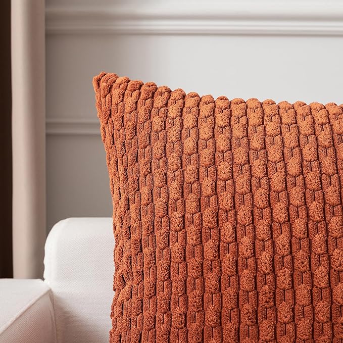 Kevin Textile Fall Pack of 2 Corduroy Decorative Throw Pillow Covers 22x22 Inch Soft Boho Striped Pillow Covers Modern Farmhouse Home Decor for Sofa Living Room Couch Bed Rust