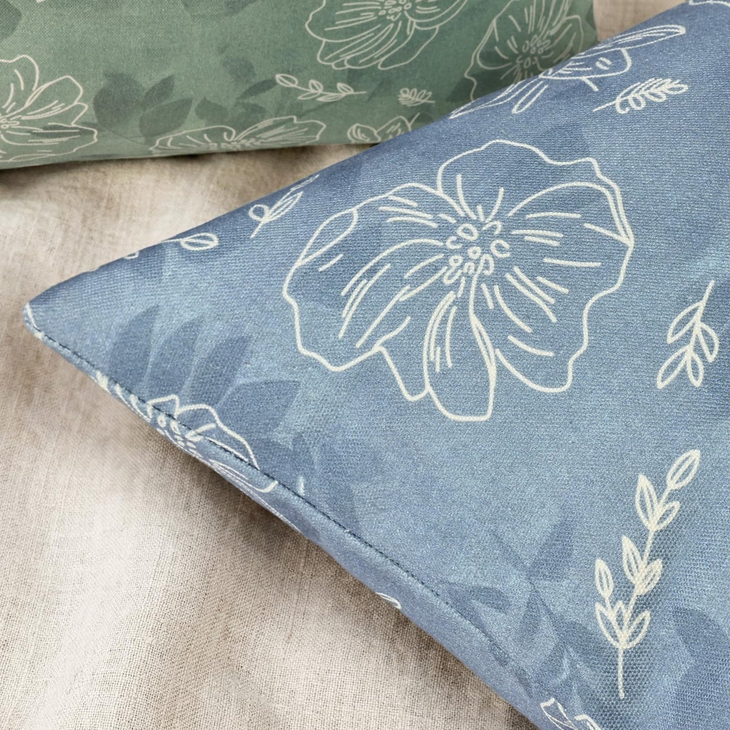 decorUhome Floral Botanical Pillow Covers 20x20 Set of 2, Faux Linen Decorative Throw Pillow Covers with White Line Flower Print for Couch Sofa Bed, Blue