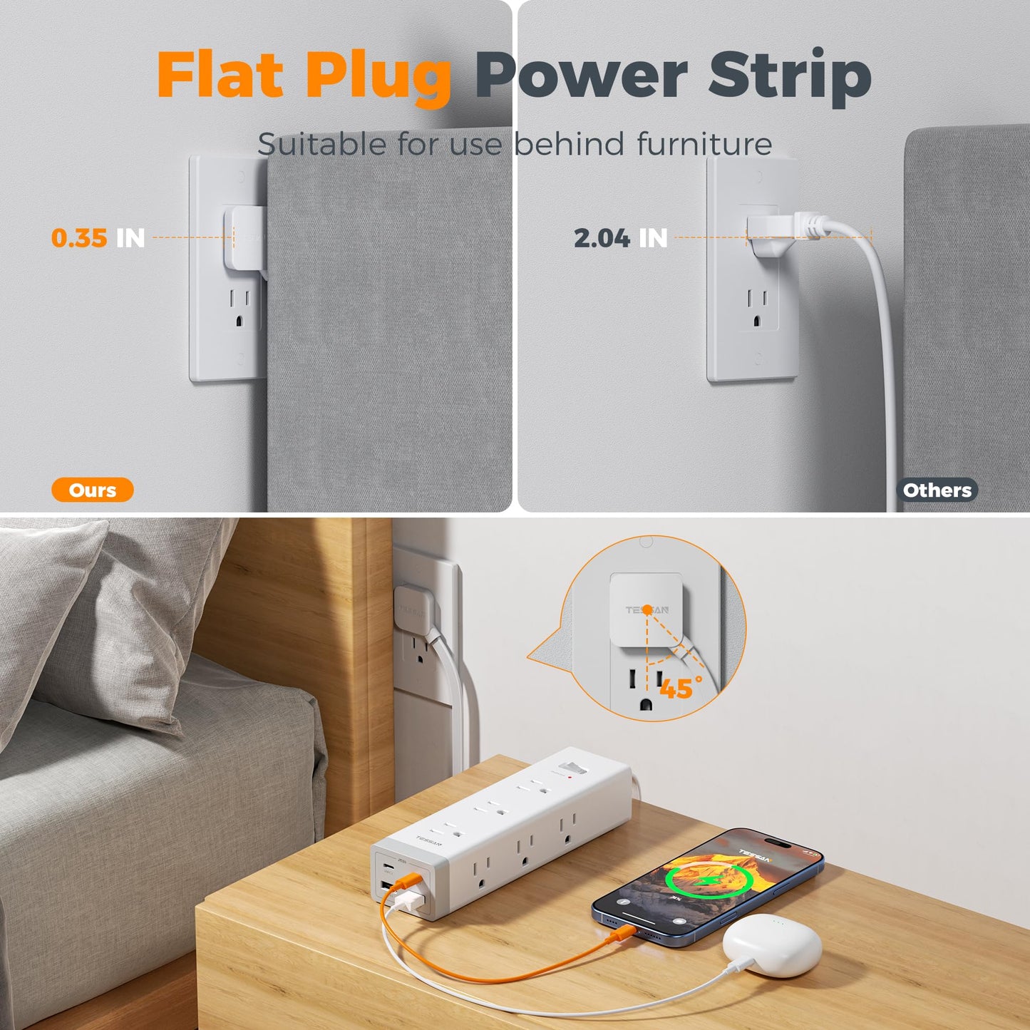 TESSAN Surge Protector Power Strip PD 20W, Ultra Thin Flat Plug 6 FT Extension Cord, 9 Outlets 4 USB(2 USB C), 1050J Protection Multiple Outlets Charging Station for Home, Office, College Dorm Room