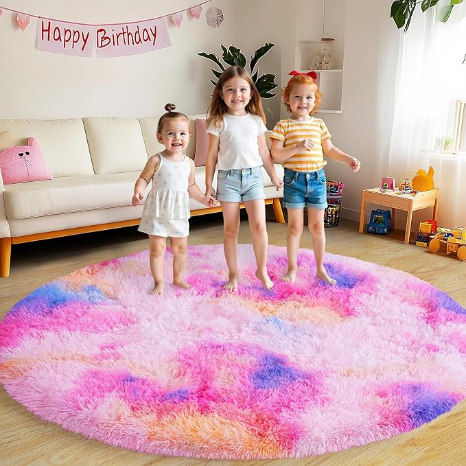Round Fluffy Rugs 4Ft for Girls Bedroom, Dark Rainbow Shag Circle Kids Rug Non-Slip for Bedside Dorm Nursery Playroom, Soft Cute Area Rugs for Living Room Decor