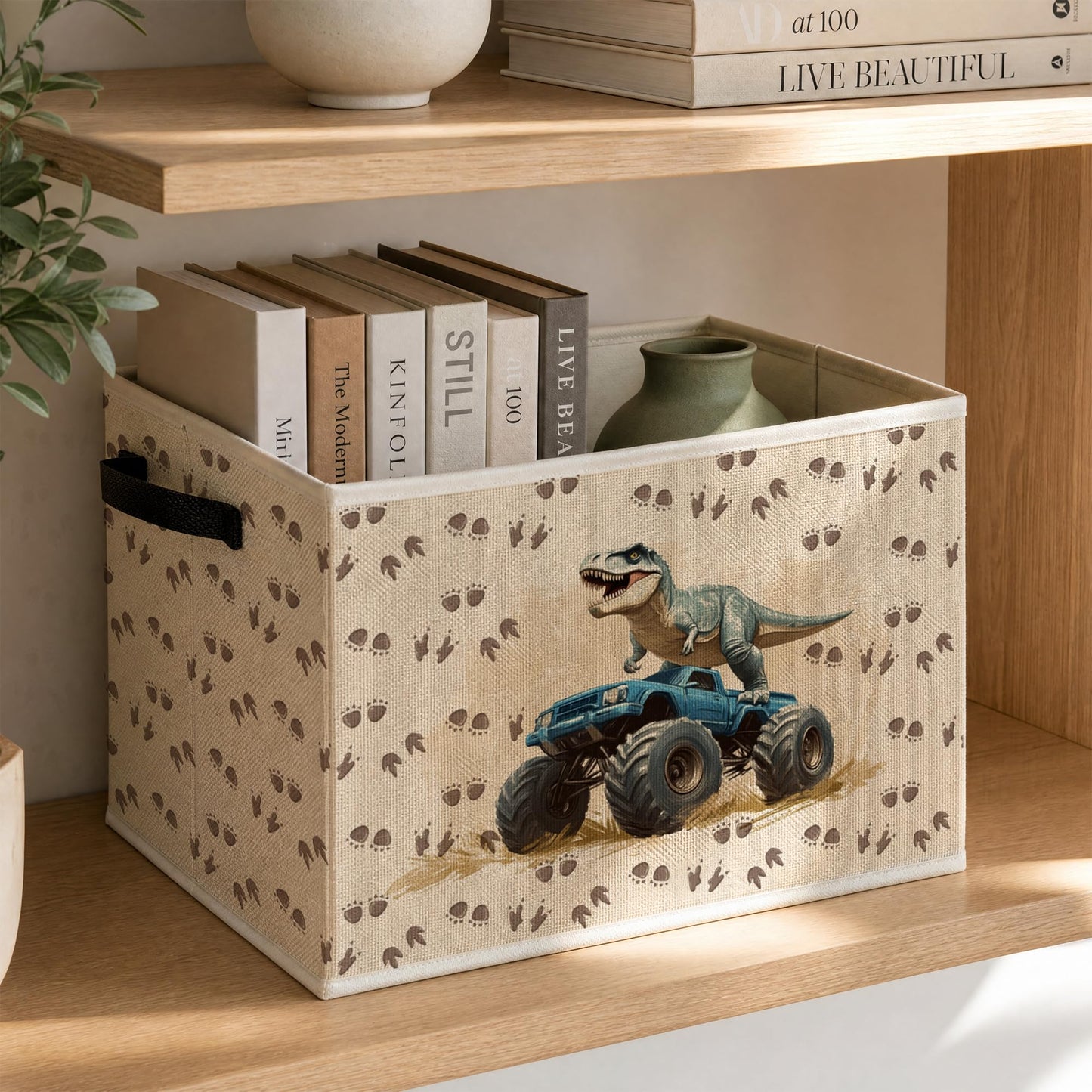 KSDUT Dinosaur Nursery Foldable Storage Bins Box with Handles, Monster Truck Dinosaur Kids Playroom Collapsible Foldable Basket Organizer for Kids Boy Nursery Bedroom Bathroom Clothes Toys Books