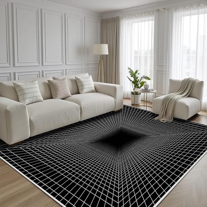 Optical Illusion Rug - Washable Rugs 6x8, Abstract Geometric Lines Soft Neutral Indoor Floor Mats Plaid Carpet, Non-Slip Stain Resistant Modern Black Rug for Bedroom, Living Room Rugs