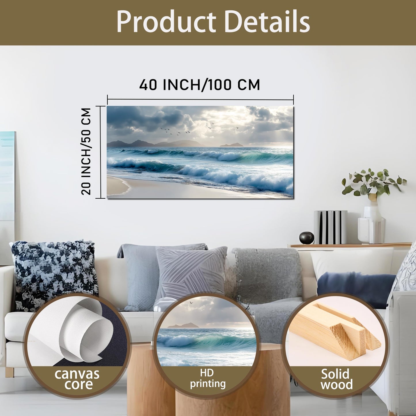 Tarfupth Large Ocean Wall Art for Living Room 20"x40" Blue Coastal Beach Canvas Prints Modern Seascape Wave Artwork for Bedroom Bathroom Office Home Decor Ready to Hang