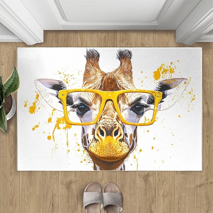 Giraffe 3x5 Area Rugs for Living Room, Funny Animals Washable Non Slip Rugs, Pop Art Low Pile Print Rug for Bedroom, Dining Room, Home Office