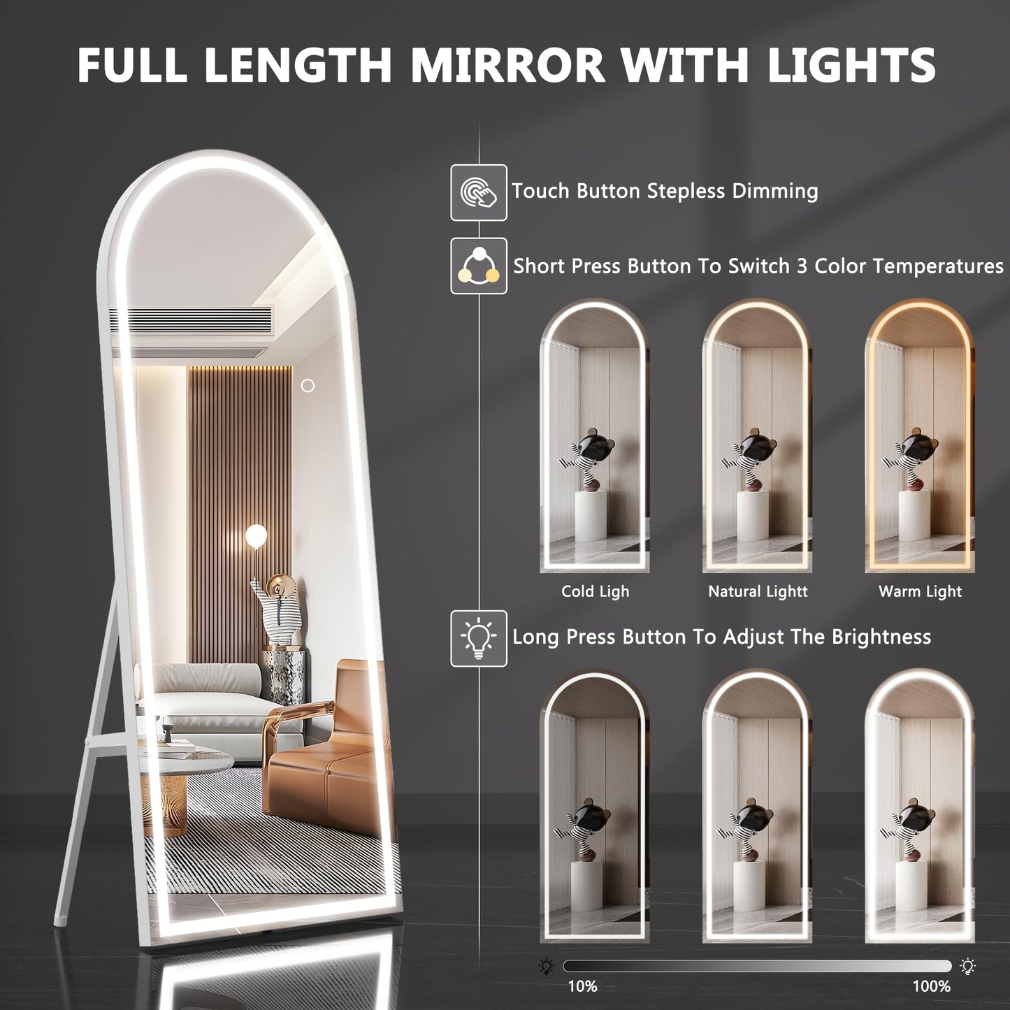 Hasipu 79" X 36" Full Length Mirror with Lights, Aluminum Frame Arch Led Mirror Full Length and 3 Colors Temperatures & Brightness Adjustable