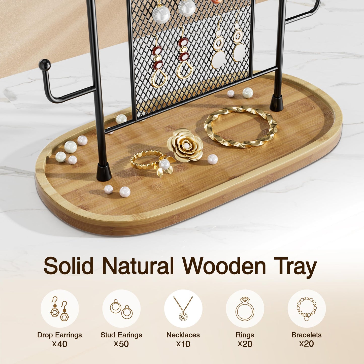 bussdis Jewelry Holder Organizer Earring Display - Earring Storage Tree Stands Towers With 6 Hooks 300 Studs Wood Tray Black Metal Rack