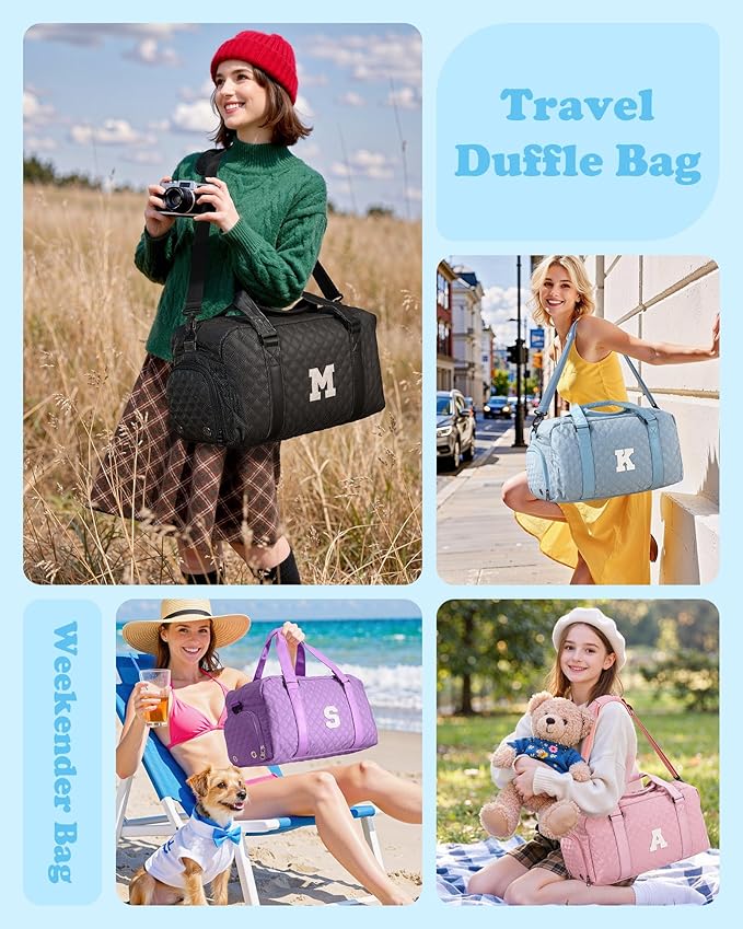 Elilier Initial Gym Bag for Girls, Graduation Gift Ideas, Personalized Weekender Bag, Monogram Overnight bag for teens