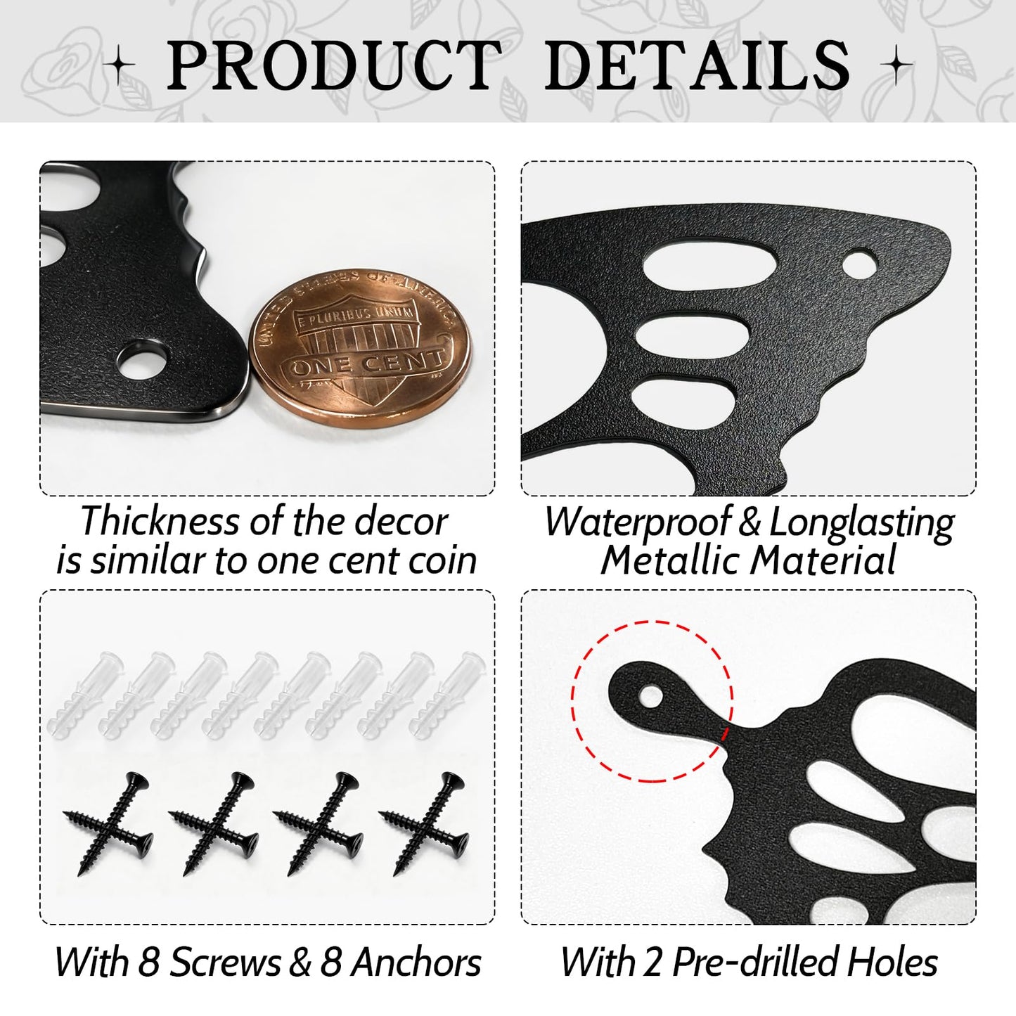 PoYang 4 Pieces Metal Butterfly Wall Decor - Butterflies Metal Wall Art for Living Room Dining Room Bedroom Bathroom Kitchen | Black | Lightweight | Cute and Modern | Easy to Install