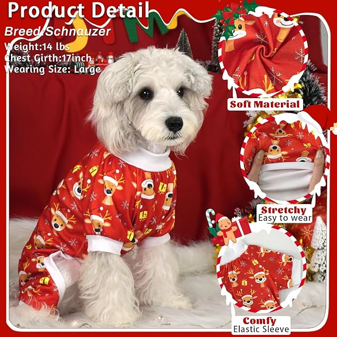 Xpudac 4 Pack Dog Christmas Pajamas Reindeer Puppy Clothes Cute Santa Claus Dog Pajamas Costumes Outfit Red Green, 3XL