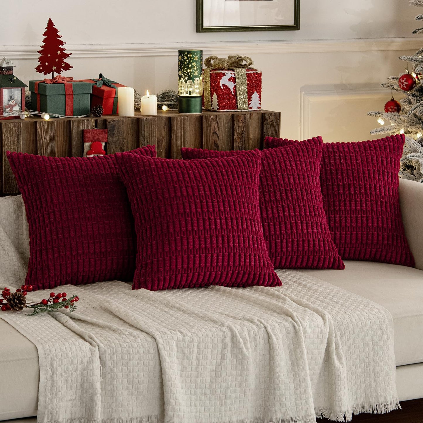 MIULEE Pack of 4 Christmas Wine Red Corduroy Decorative Throw Pillow Covers 18x18 Inch Soft Boho Striped Pillow Covers Modern Farmhouse Home Decor for Sofa Living Room Couch Bed