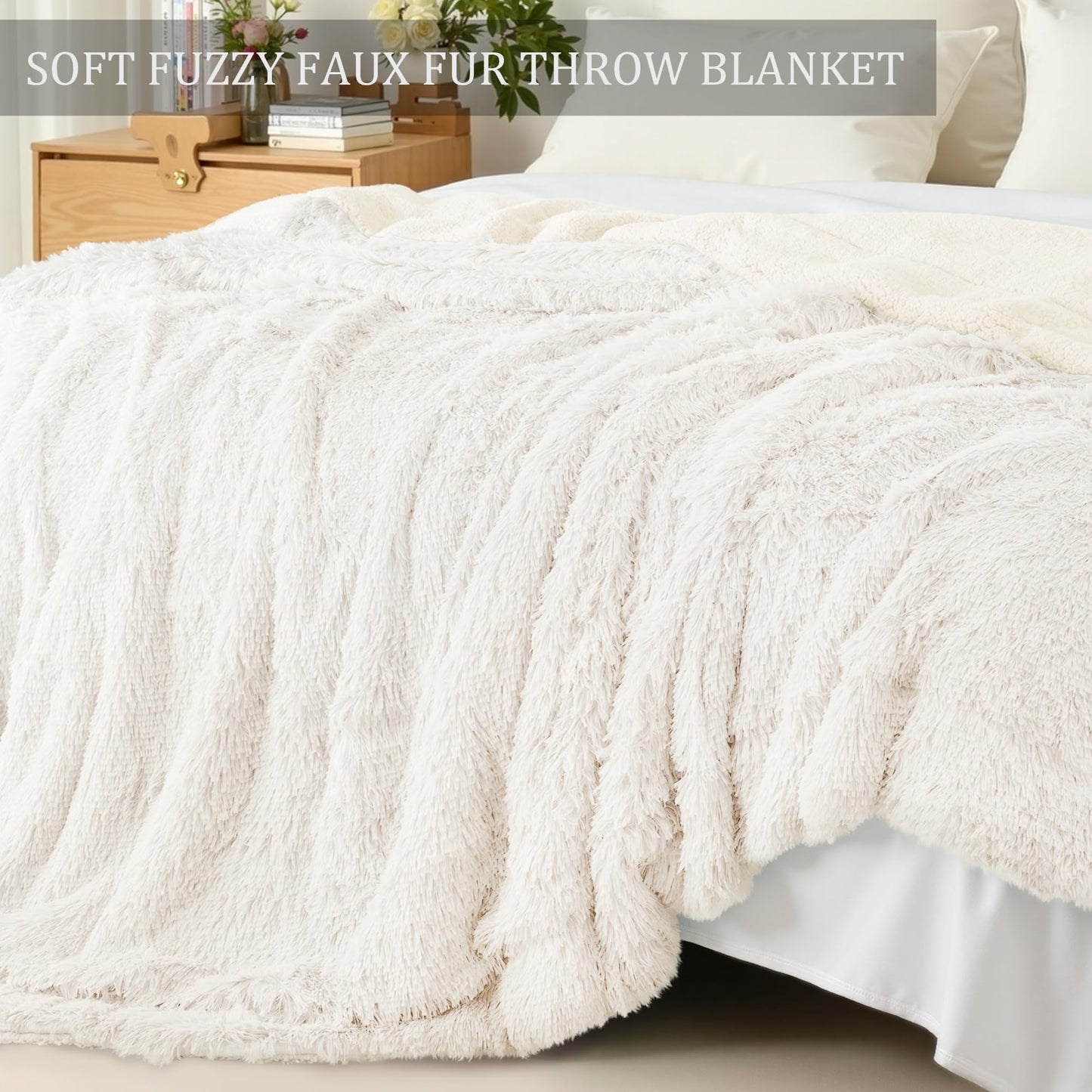 Exclusivo Mezcla Fuzzy Faux Fur Bed Blanket Queen Size, Reversible Shaggy Sherpa Fleece Blankets, Fluffy Plush Warm Throws for Couch, Bed, 90X90 Inches, White
