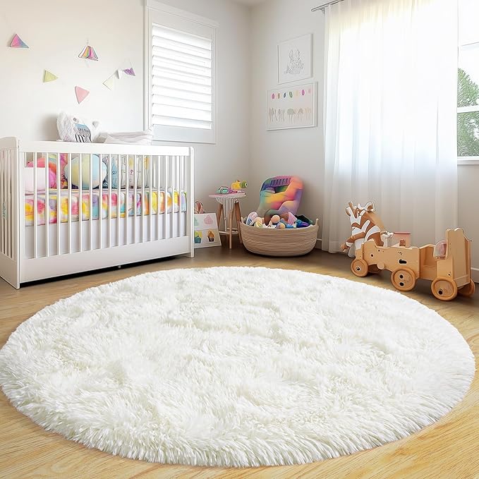 Round Fluffy Rugs 5Ft for Girls Bedroom, Cream White Shag Circle Kids Rug Non-Slip for Bedside Dorm Nursery Playroom, Soft Cute Area Rugs for Living Room Decor