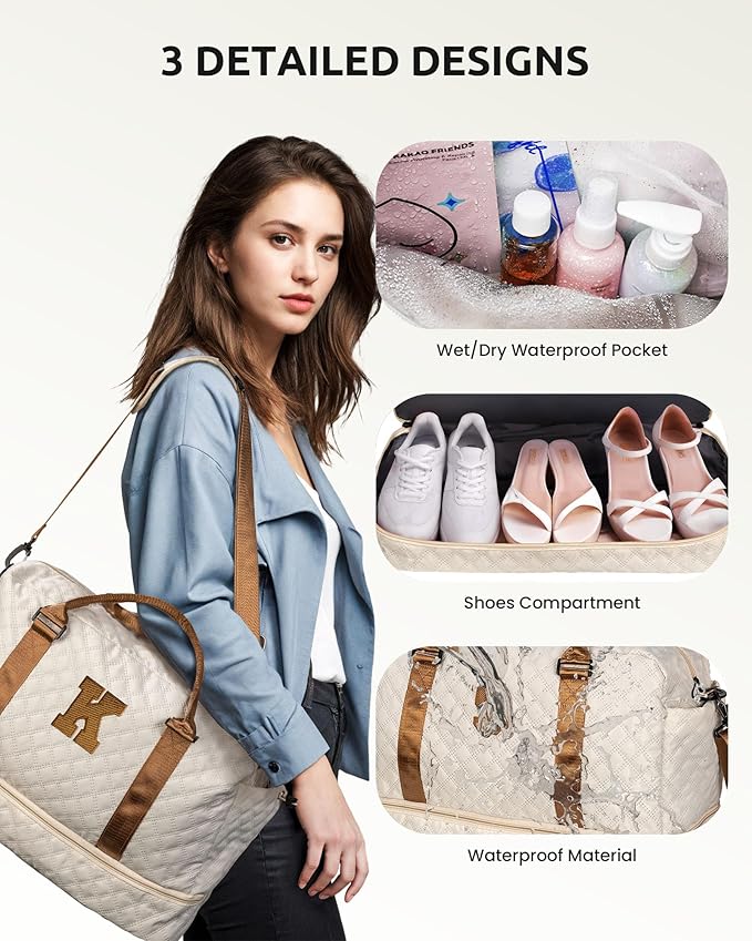 Vogewood Gifts for Mom-Initial Duffle Bag with Shoe Compartment, Personalized Weekender Bag, Monogram Overnight Bag, Letter Travel Bag with Makeup Bag，Personalized Gifts Idea for Women Her (Letter F)