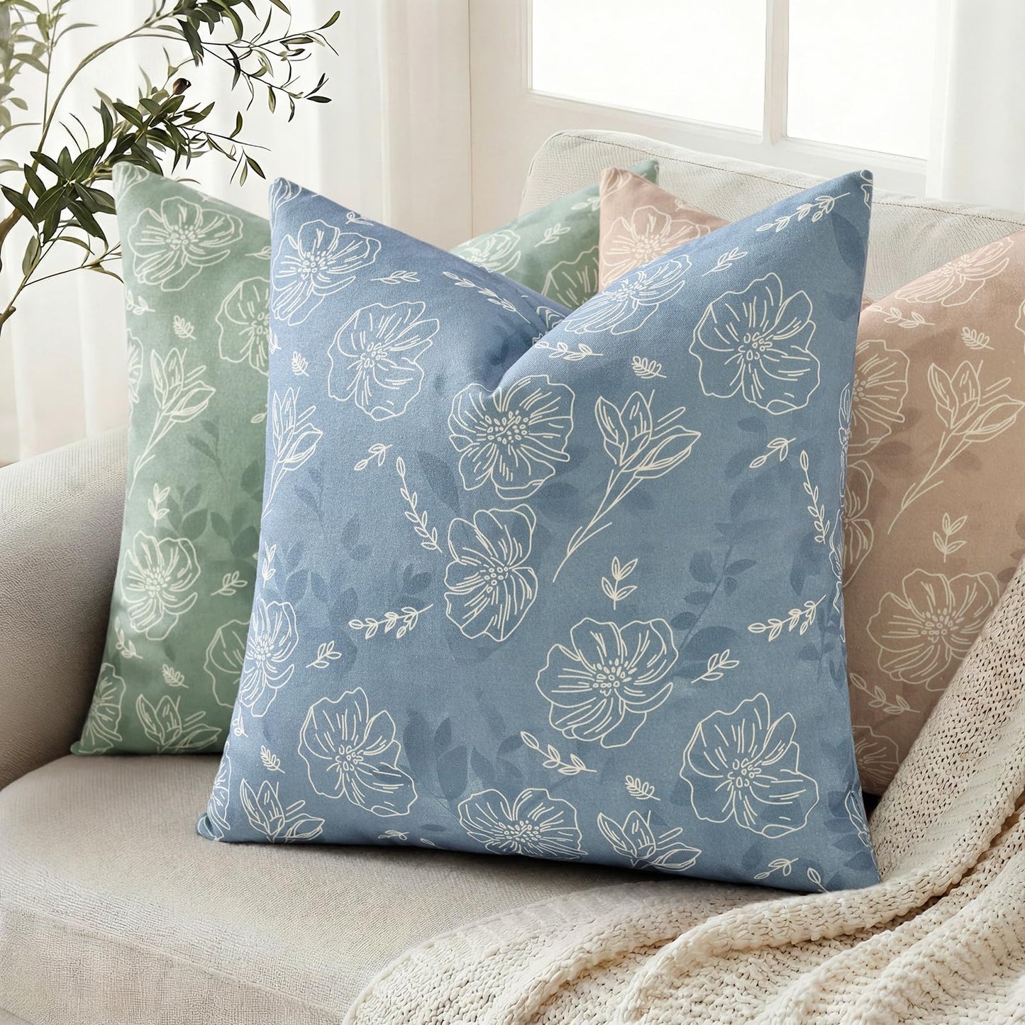 decorUhome Floral Botanical Pillow Covers 20x20 Set of 2, Faux Linen Decorative Throw Pillow Covers with White Line Flower Print for Couch Sofa Bed, Blue