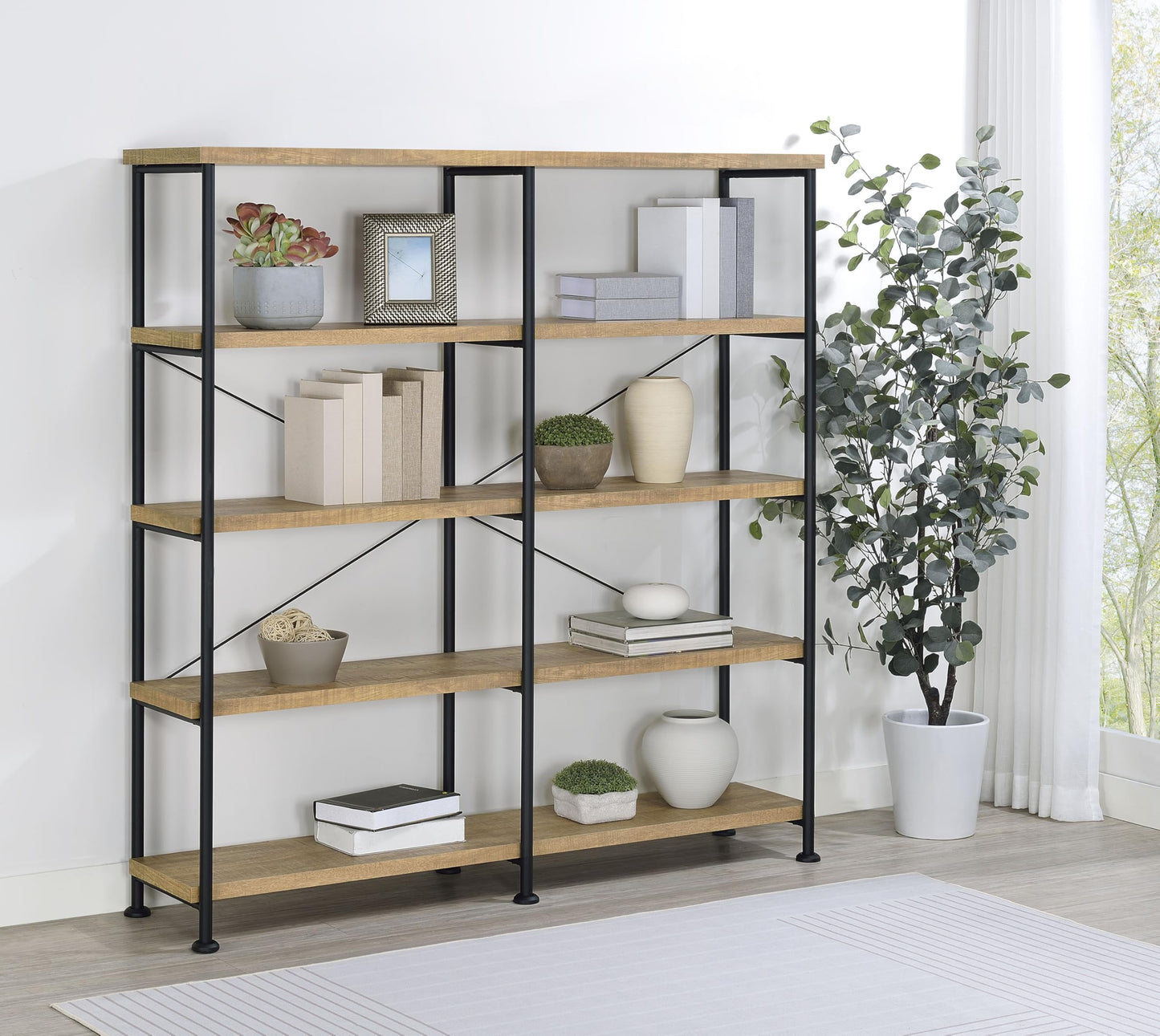 Coaster Home Furnishings - Analiese - Wood and Metal - 4-Tier Double Bookshelf with Open Shelves, X-Back Bracing, and Rectangular Frame - Home Office - 63-Inch - Mango - 801853