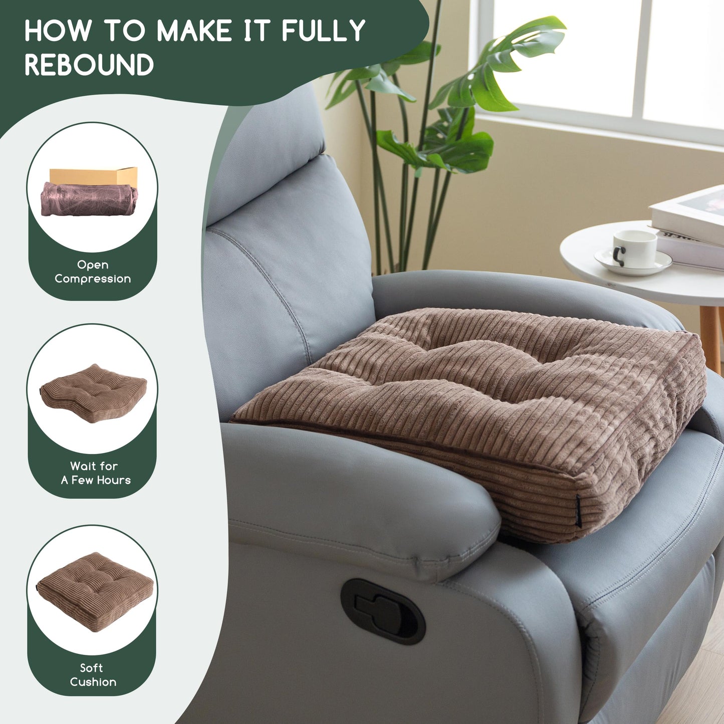 HIGOGOGO Tufted Corduroy Recliner Seat Cushion for Elderly, High Density Foam Large Square Seat Cushion for Recliner Chair, Floor Pillow, Office Chair, Car, No Pressure on Thighs, 20x20x4
