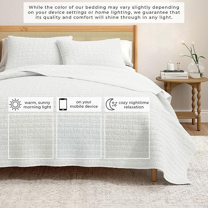 Great Bay Home Full/Queen Size White 100% Cotton Honeycomb Waffle Quilt and Sham Set - Garment Washed, Waffle Weave Like Texture, Lightweight 3-Piece Bedding Set