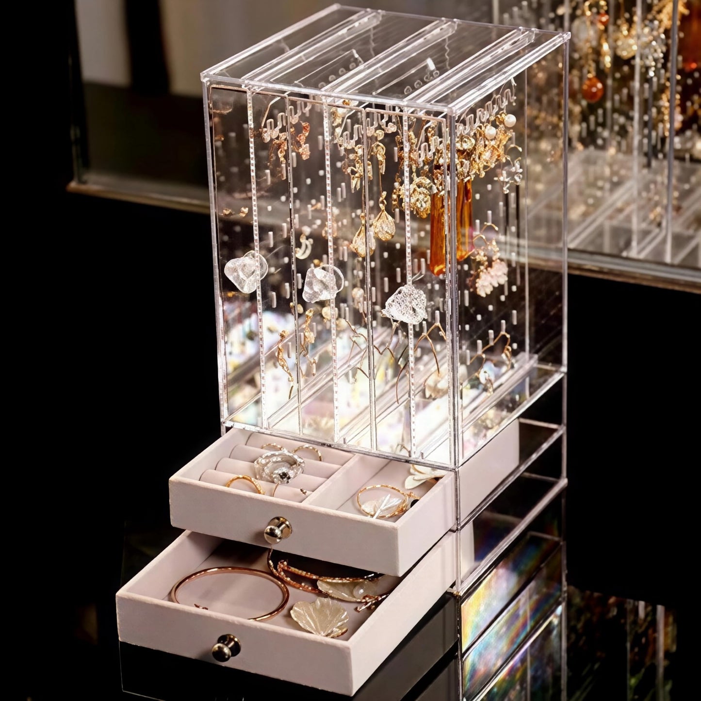 Sooyee Acrylic Earring Holder and Jewelry Organizer with 5 Drawers, Dustproof Jewelry Stand Rack Display for Necklaces Bracelet Earrings and Ring, Clear