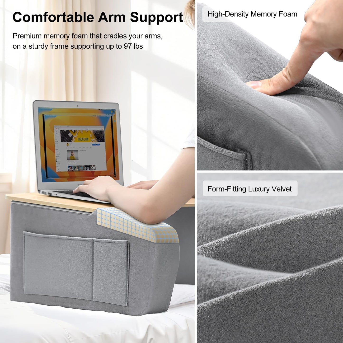 Lap Desk for Adults with Arm Rests,Ergonomic Laptop Pillow Stand for Bed,Couch,Floor,Large Table for Long Hours Work,Eating,Gaming,Reading and Writing,Wood Lap Laptop Desk for College Dorm Room