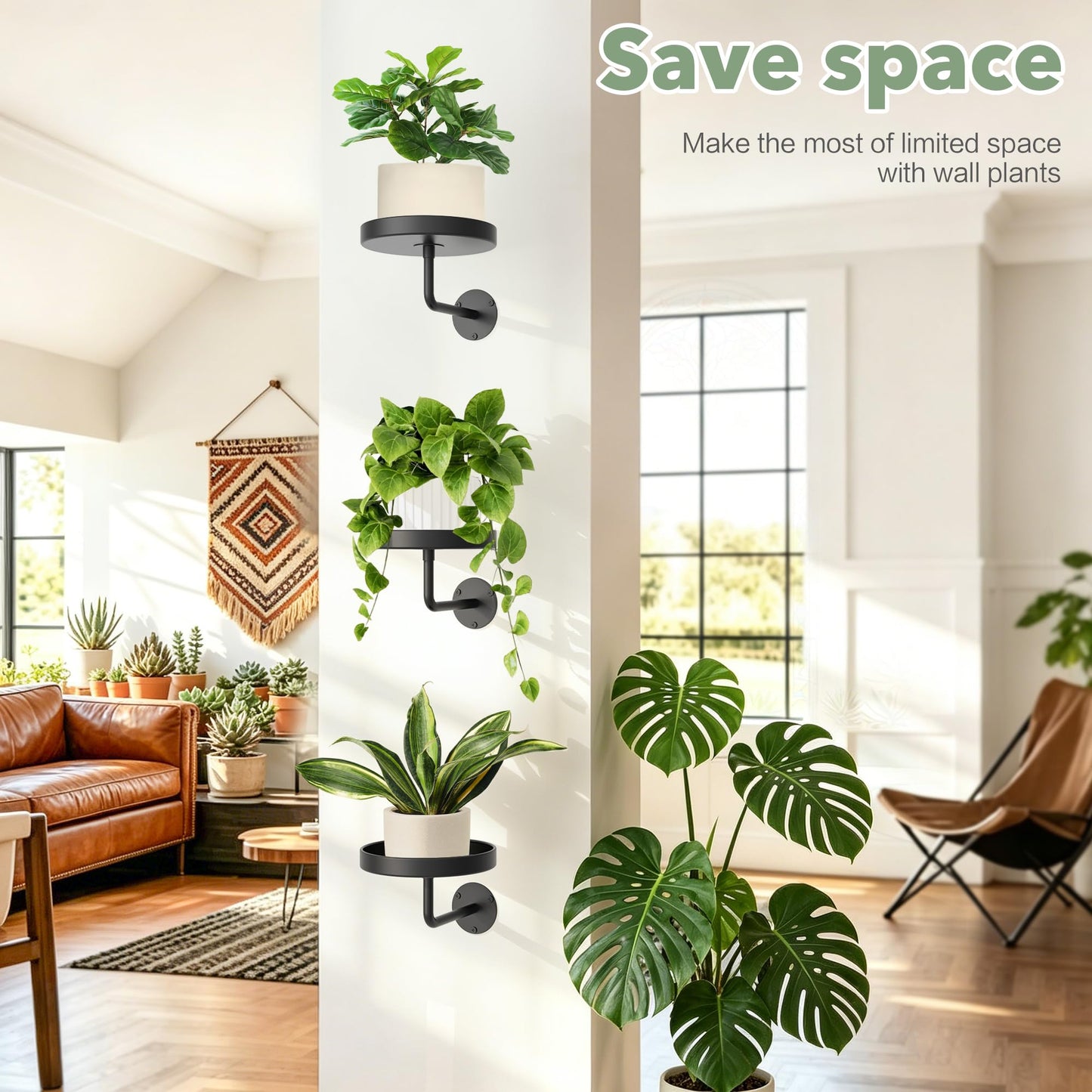 JOPBENG Wall Plant Holder, 6.3 Inch Metal Plant Hanger Indoor Wall Planter, Wall Mounted Plant Holder Window Plant Shelves for Outdoor Black 3Pcs