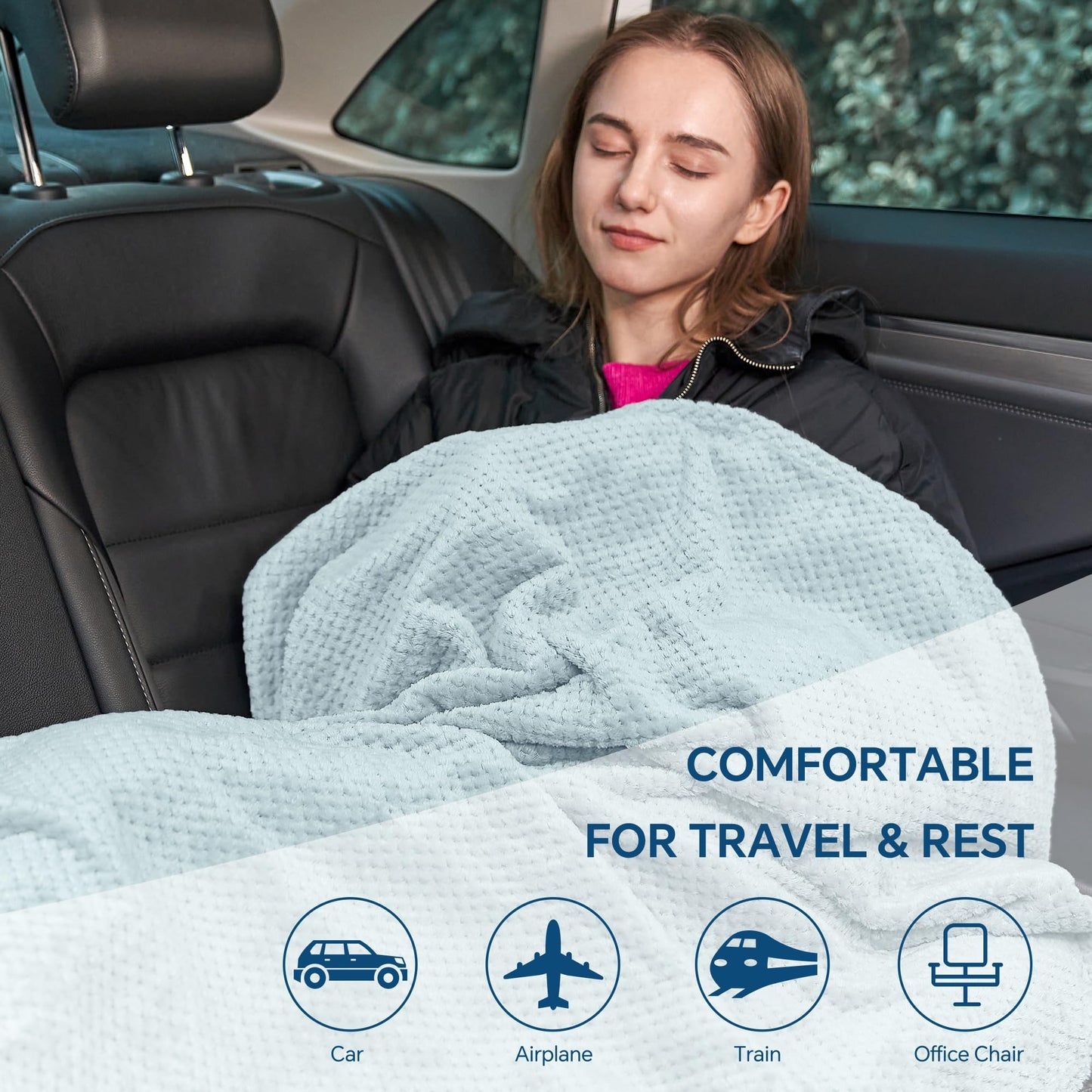 BEDELITE Travel Blanket with Bag, Ultra-Soft Jacquard Fleece Blanket with Luggage Sleeve & Backpack Clip, Airplane Blanket Travel Essentials, Blue