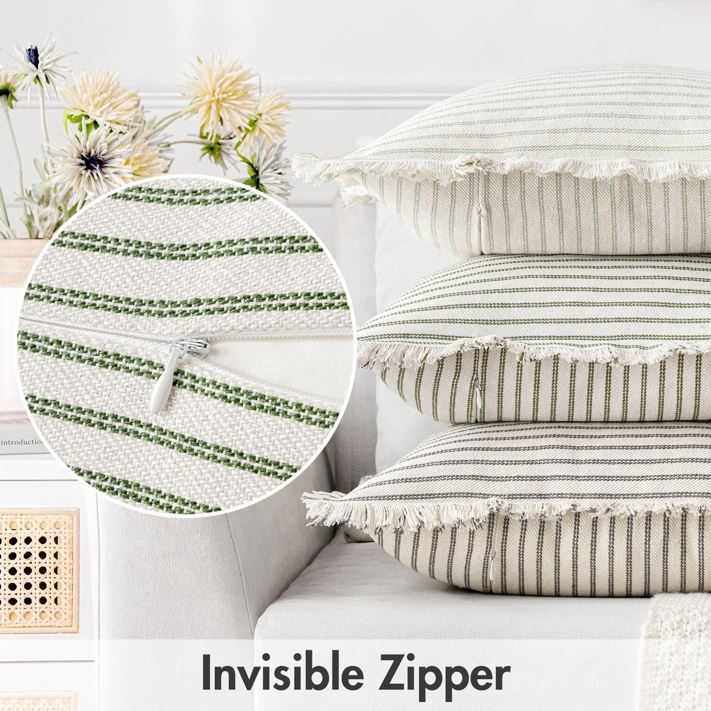 MIULEE Pack of 2 Olive Green Christmas Pillow Covers 20x20 Inch Striped Farmhouse Couch Spring Throw Pillow Covers with Fringe Chic Linen Decorative Cushion Covers for Sofa Living Room Bed Home Decor