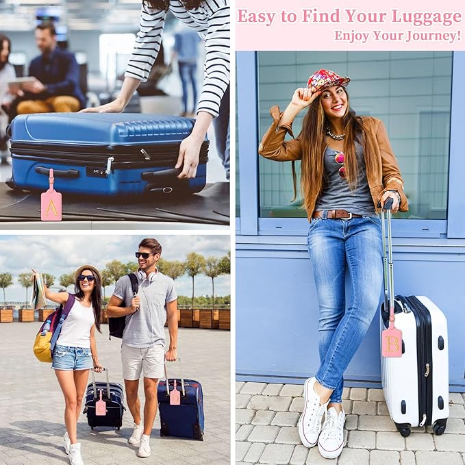Personalized Initial Luggage Tags for Suitcase, Pink Leather Cute Luggage Tags with Privacy Cover Name Card, Embroidered Custom Monogrammed Luggage Tag Travel Bag Baggage Tags Gifts for Women Kids(Z)