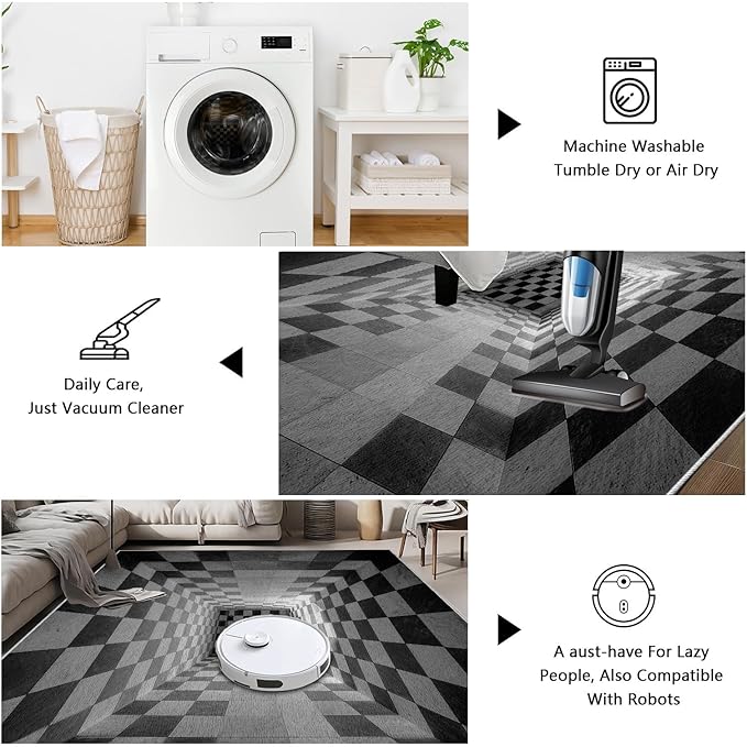 3D Rug 6x8, Plaid Soft Ultra Soft Faux Wool Low Pile Optical Illusion Rug, Indoor Floor Mats Abstract Geometric Carpet, Non-Slip Stain Resistant Washable Rugs, Modern Gray Rugs for Living Room