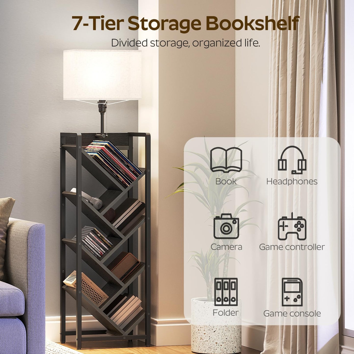 YATINEY Tree Bookshelf with Light, 6-Tier Book Shelf, Wooden Bookcase for Narrow Space, Floor Standing Tall Bookshelf, Modern Corner Display Shelf, Black SJ08DBB