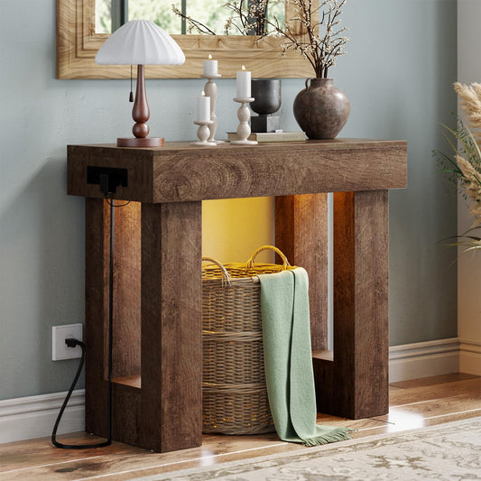 Unikito 39" Entryway Table with Socket and Sensor Light, Narrow Console Table with Storage Behind Couch, Farmhouse Entryway Table for Hallway, Behind the Couch, Living Room, Foyer, Rustic Oak
