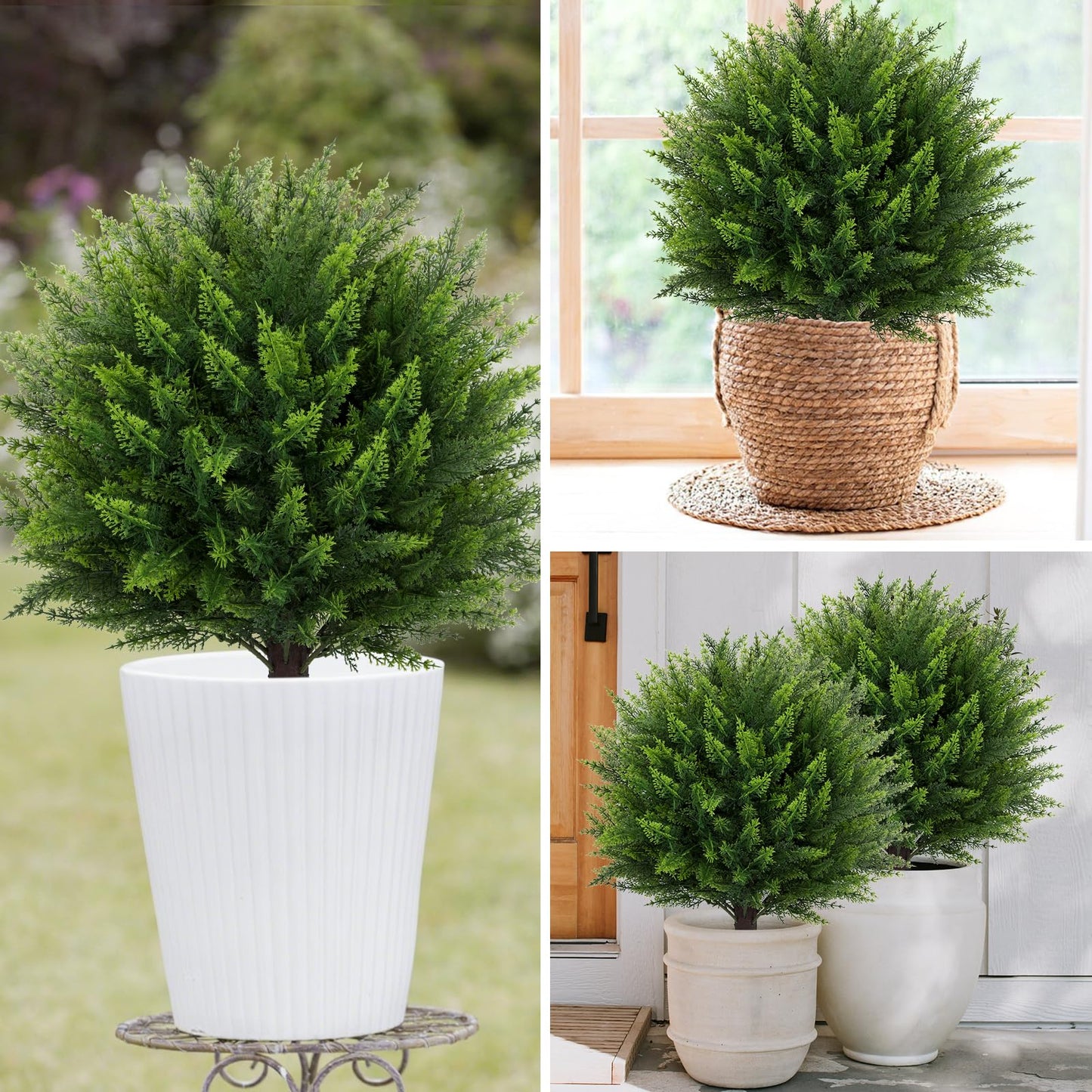 Artificial Cedar Topiary Ball Tree 23" with Ground Spike, Set of 2 Artificial Boxwood Bushes for Faux Shrubs, Fake Evergreen Faux Plant for Indoor Outdoor Porch Garden- UV Resistant – Fade-Proof