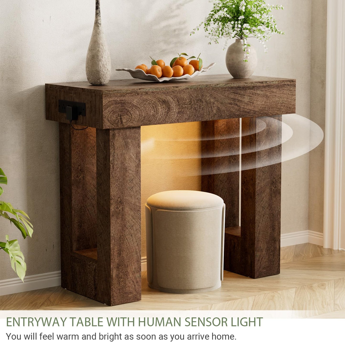 Unikito 39" Entryway Table with Socket and Sensor Light, Narrow Console Table with Storage Behind Couch, Farmhouse Entryway Table for Hallway, Behind the Couch, Living Room, Foyer, Rustic Oak