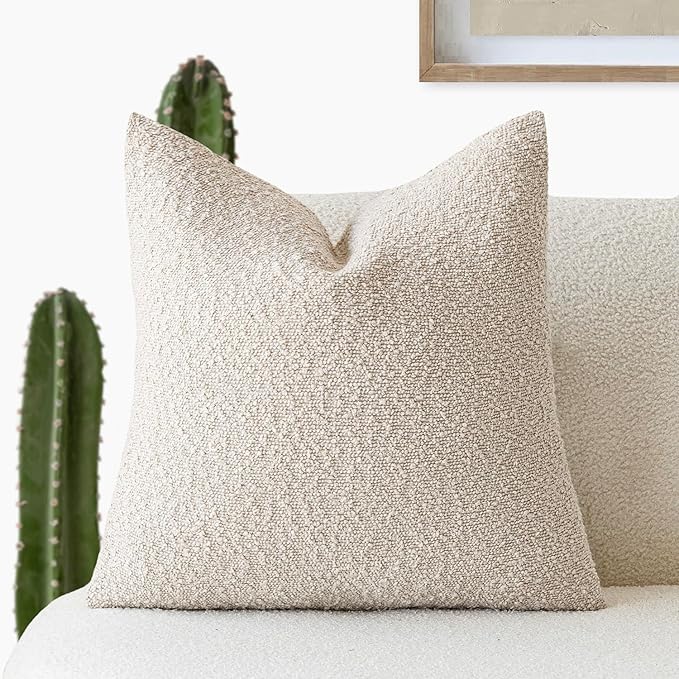 Foindtower Decorative Textured Boucle Throw Pillow Covers Accent Solid Pillow Cases Neutral Soft Cozy Couch Cushion Case for Chair Sofa Bedroom Living Room Home Decor 16x16 Inch,1PC,Light Beige