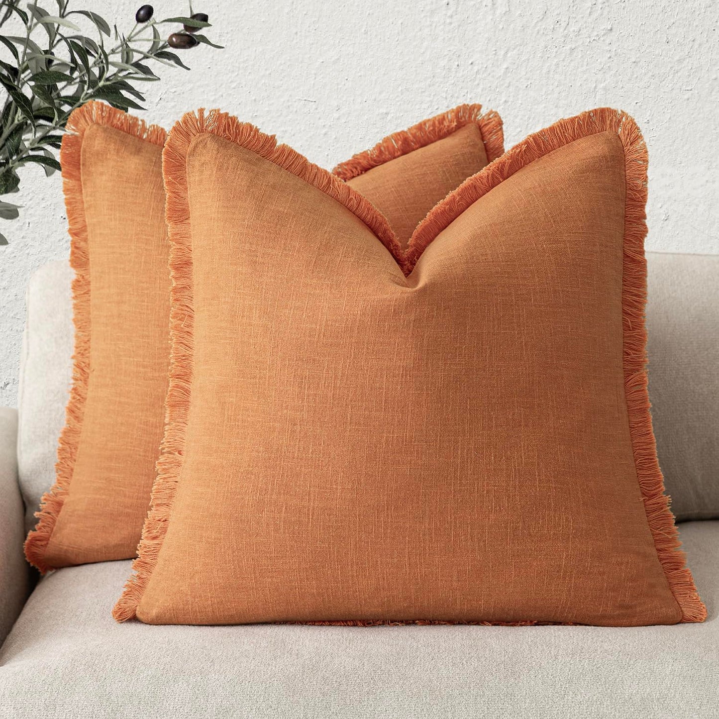 Foindtower Set of 2 Decorative Linen Fringe Throw Pillow Covers Cozy Boho Farmhouse Cushion Cover with Tassels Soft Accent Pillowcase for Couch Sofa Bed Living Room Home Decor,18×18 Inch,Dusty Orange
