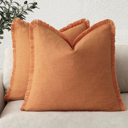 Foindtower Set of 2 Decorative Linen Fringe Throw Pillow Covers Cozy Boho Farmhouse Cushion Cover with Tassels Soft Accent Pillowcase for Couch Sofa Bed Living Room Home Decor,18×18 Inch,Dusty Orange