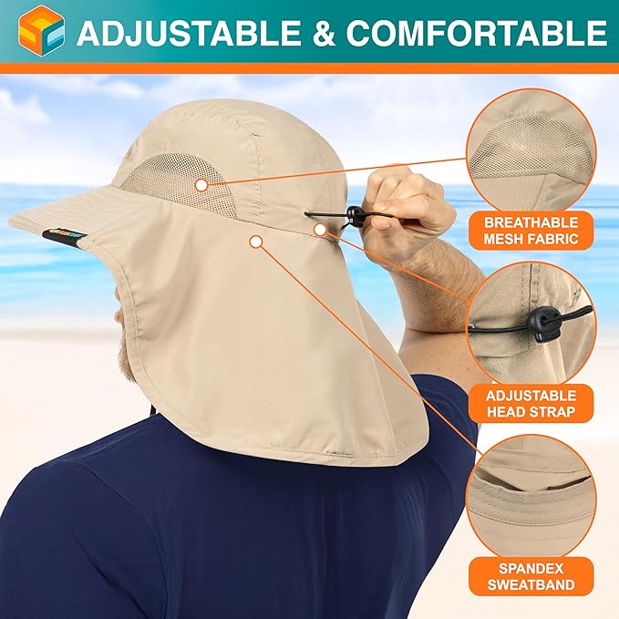 SUN CUBE Wide Brim Sun Hat with Neck Flap, UPF50+ Hiking Safari Fishing Hat for Men Women, Sun Protection Beach Hat