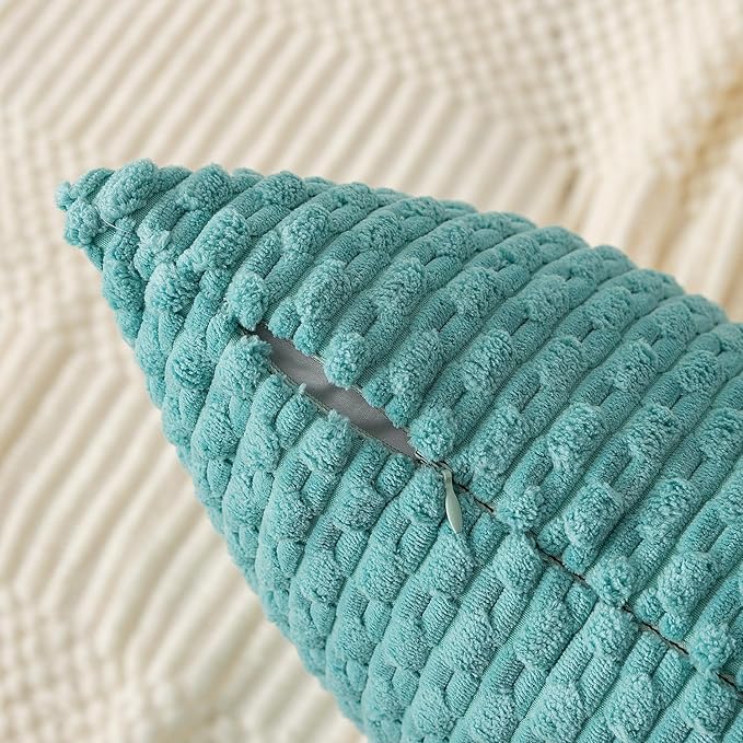 Kevin Textile Throw Pillow Covers Soft Corduroy Decorative Set of 2 Boho Striped Pillow Covers Pillowcases Farmhouse Home Decor for Couch Bed Sofa Living Room 12x20 Inch Aqua Green