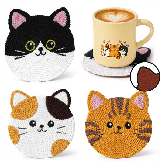 Slohif Cute Woven Drink Coasters Funny Gifts for Home Desk Coffee Table-Creative Cat Face Crochet Decor Gift Office Cup Coaster Accessories for Women Family (3pcs)