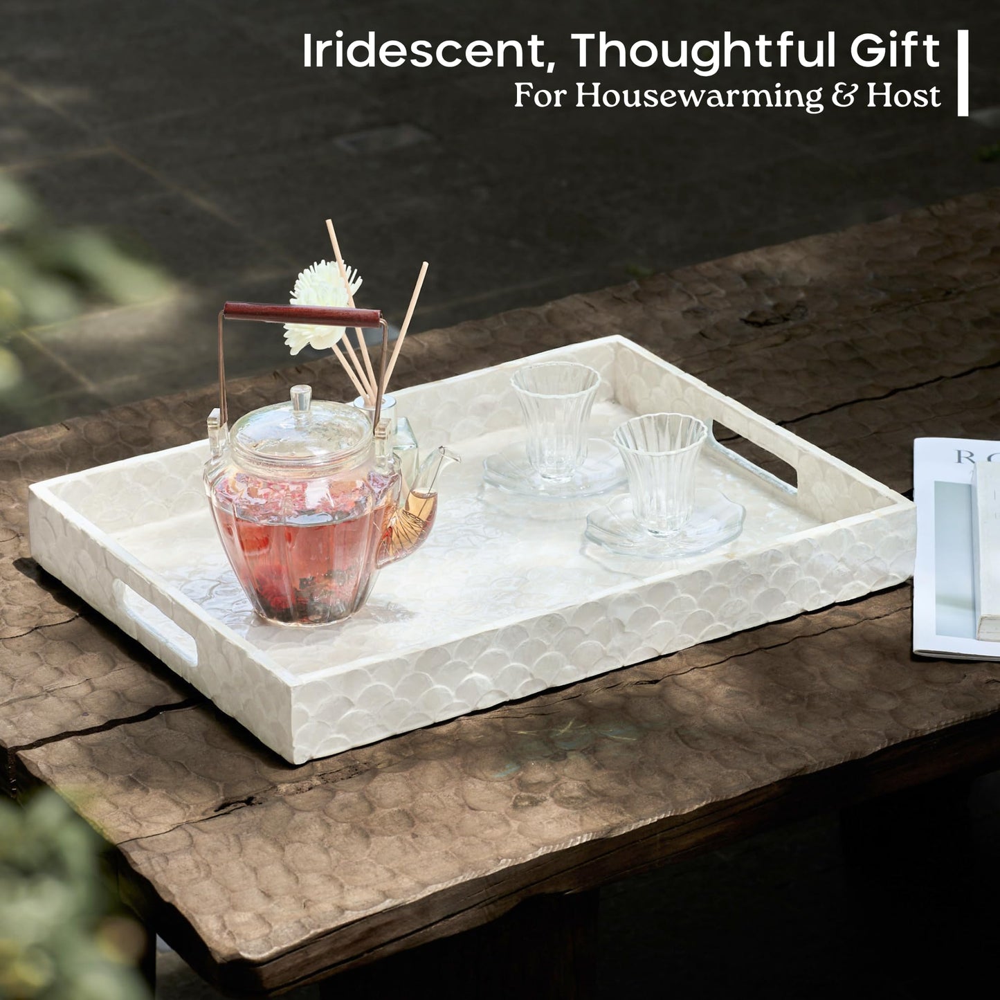 CHI AN HOME Capiz Decorative Tray 15.8” x 11.8” x 1.8" Rectangular Tray, Natural Handmade Serving Tray with Handles for Coffee Tables, Ottoman, Vanity, Kitchen, Coastal Boho Home Decor, White