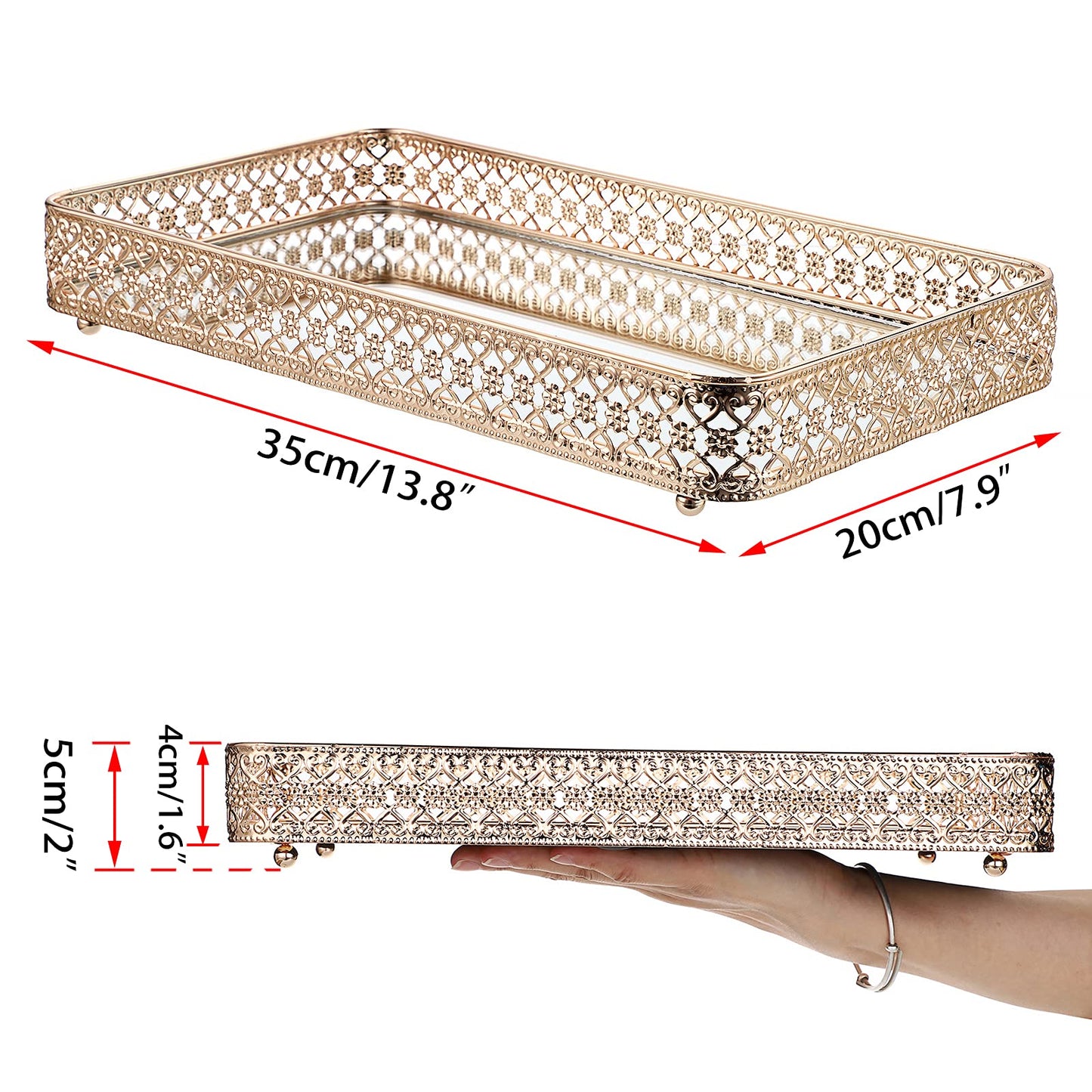 ELLDOO Gold Perfume & Makeup Vanity Tray - Hollow-Carved Jewelry Storage, Glass & Metal Trinket Organizer for Dresser & Bathroom Countertop, Large Size