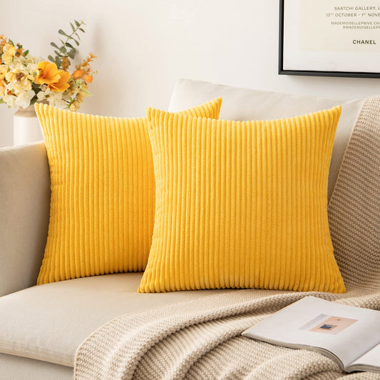 MIULEE Decorative Corduroy Pillow Covers Soft Solid Pack of 2 Cushion Cases Boho Square Throw Pillow Covers Golden Yellow Pillowcases for Couch Chair Sofa Bed Living Room Home Decor 18 x 18 Inch