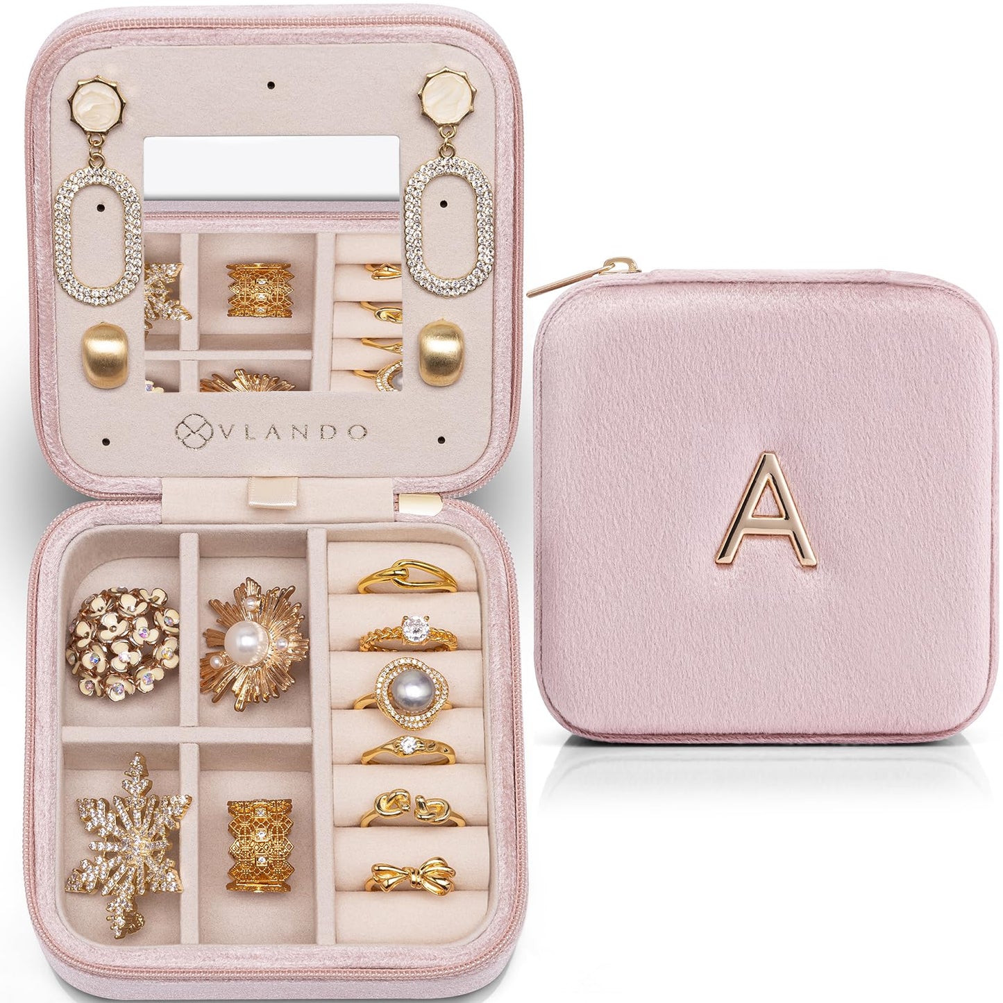 VLANDO Easter Basket Stuffers for Teen Girls, Travel Jewelry Case for Women, A Initial Jewelry Case, Mini Jewelry Travel Organizer Travel Essentials for Travel Gift- Letter A, Pink