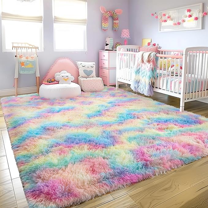 Large 9x12 Area Rug for Living Room, Ultra Soft Shag Thick Fluffy Plush Fuzzy Carpet for Bedroom, Girls Boys Kids Room Non Slip Dorm Rug for Home Decor Aesthetic, Rainbow