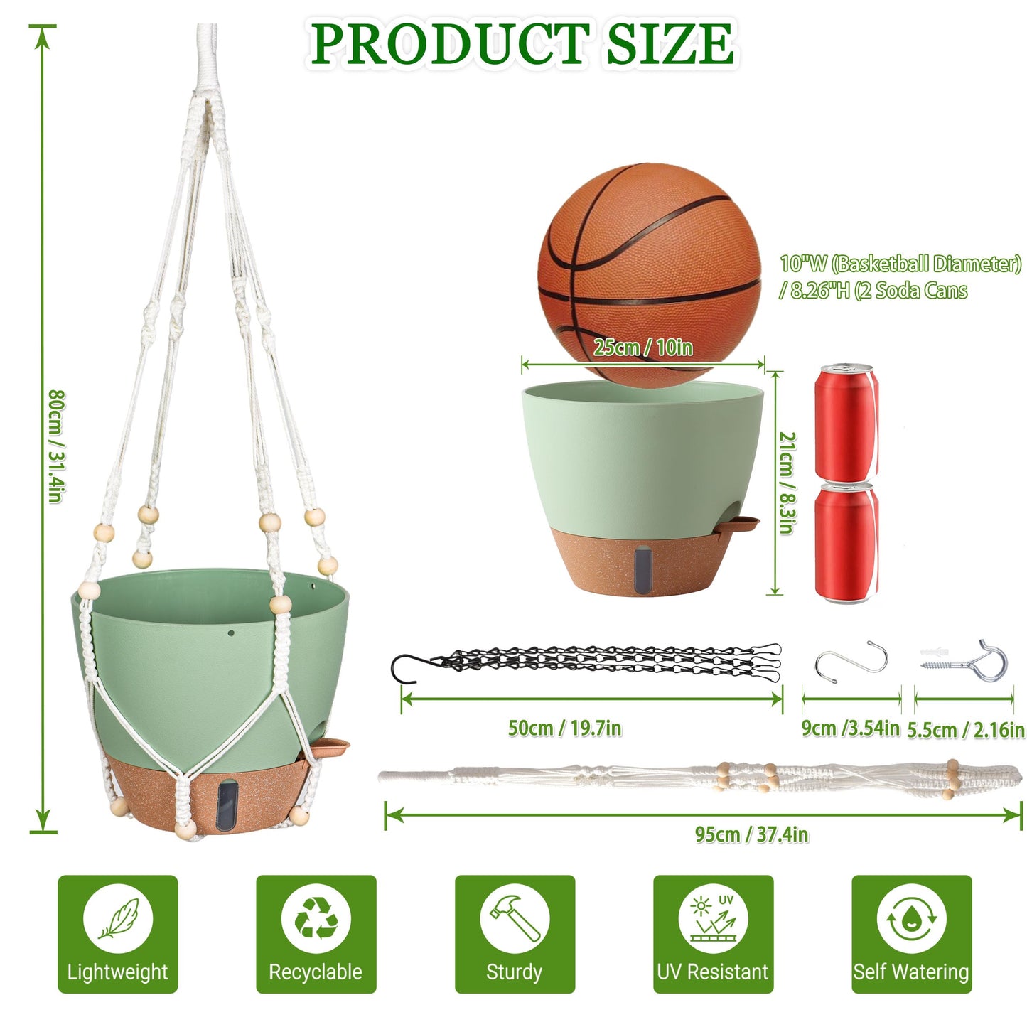 Fielda 10 Inch Hanging Planters for Indoor Plants, 2 Pack Self Watering Hanging Baskets Flower Pots with Drainage Hole, Visual Reservoir & 2 Kinds of Plant Hanger for Home Decor(Green)