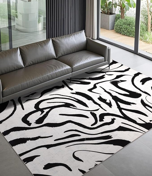 YIHOUSE Modern Area Rugs for Bedroom,5x7 Washable Black and White Rug, Thin Abstract Geometric Minimalist Striped Rug, Black Rugs for Bedroom,Kitchen,Dining Room Office