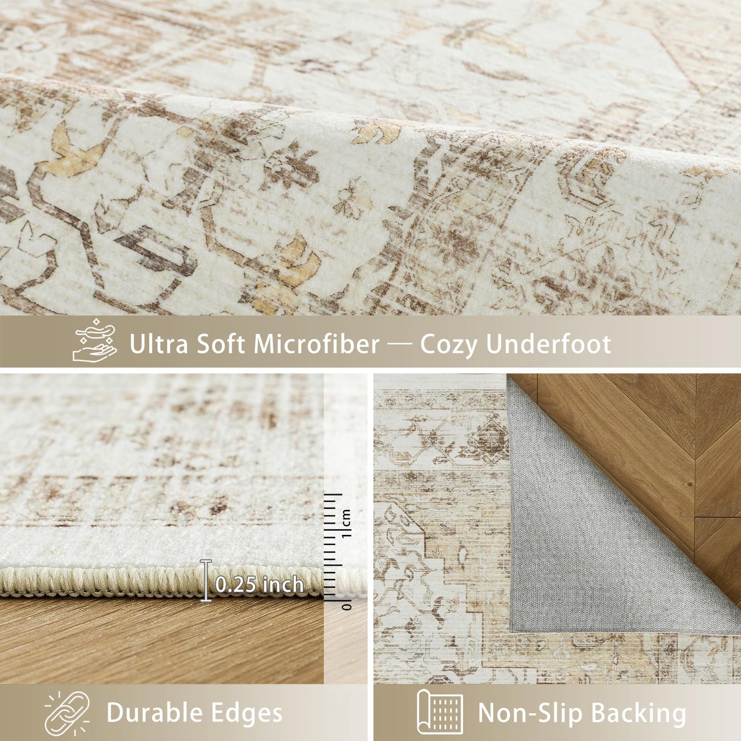 5x7 Area Rug, Vintage Distressed Medallion Pattern Beige Rug, Non-Slip Low-Pile Soft Carpet for Living Room, Bedroom, Kitchen, Home Office, Foldable & Machine Washable Rugs