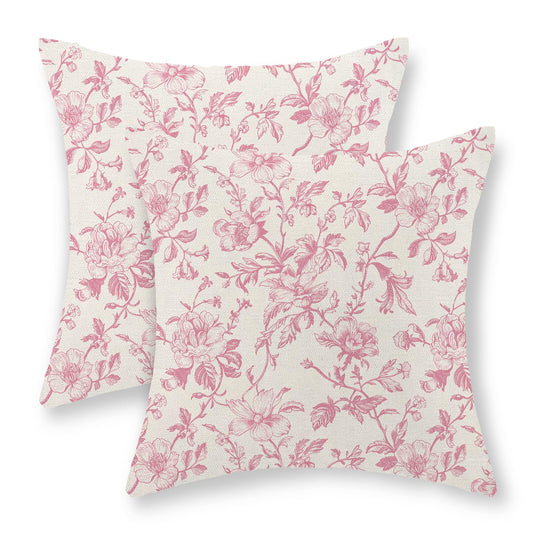 DAFENA Pink Vintage Floral Pillow Covers 18x18 Inch 2 Pcs Preppy Pink Cream Rustic Toile Chinoiserie Flower Decor Throw Pillows Outdoor Decoration Pillowcase Linen Cushion Cover for Couch Sofa Bed