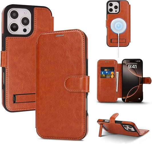 CIVICASE for iPhone 16 Pro Wallet Case with Stand,PU Leather Flip Credit Card Holder Slots (RFID Blocking),Compatible with Magsafe Magnetic Holder Phone Cover Women Men,Brown